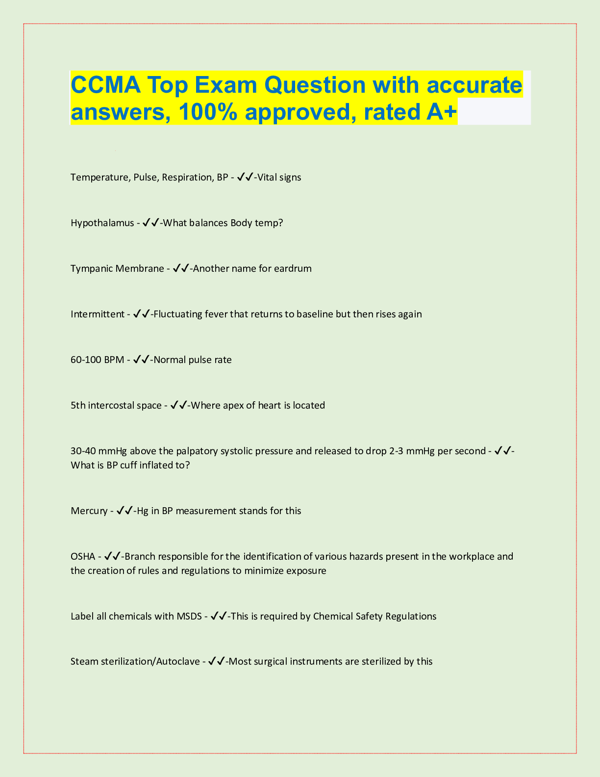 Preview image for CCMA Top Exam Question with accurate  answers, 100% approved, rated A+
